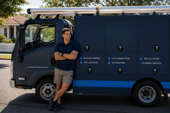 Plumber standing beside a service van in Kings Park
