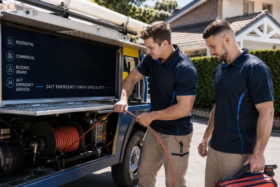 Two plumbers working on a blocked drain in Kings Park