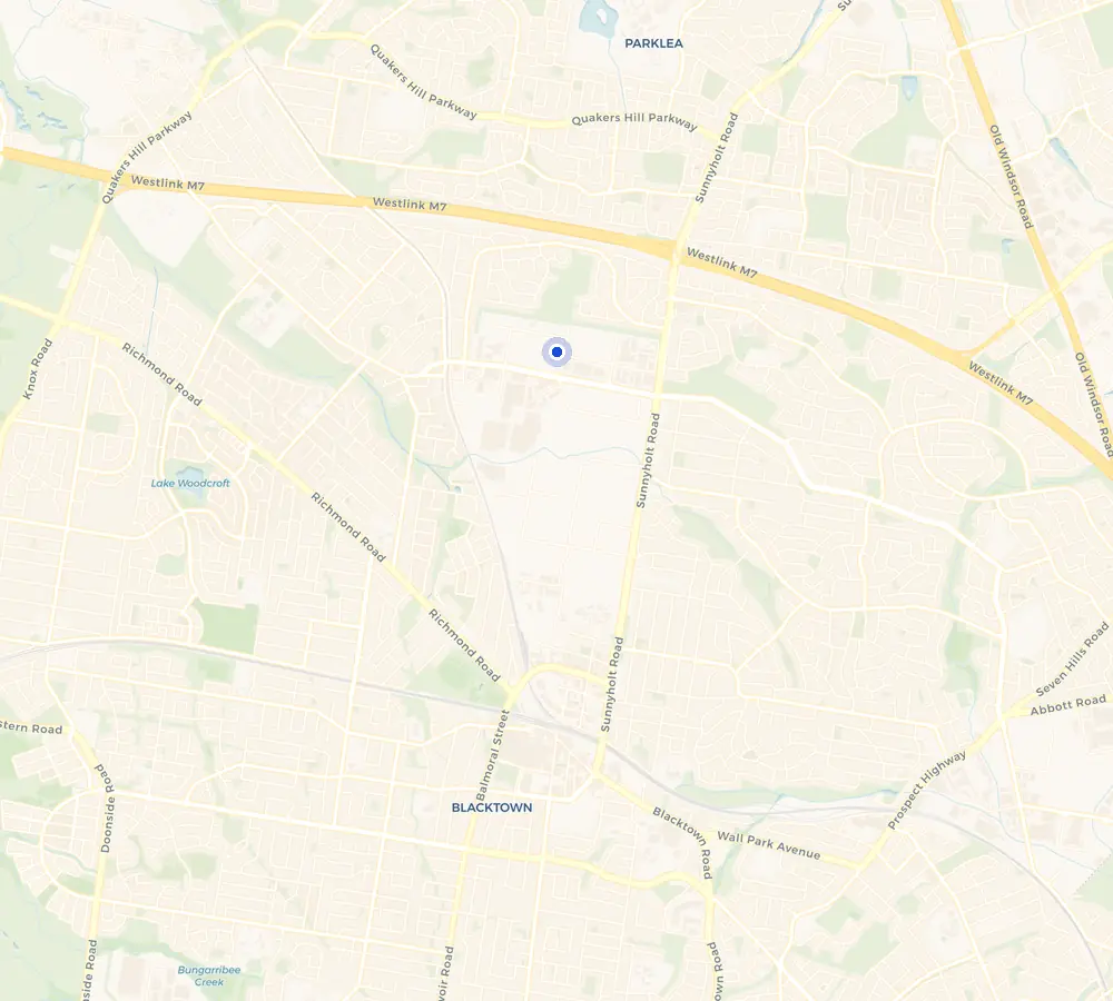 Map of the Kings Park service area and the surrounding Western Sydney, showing Kings Park and the nearby streets we cover.